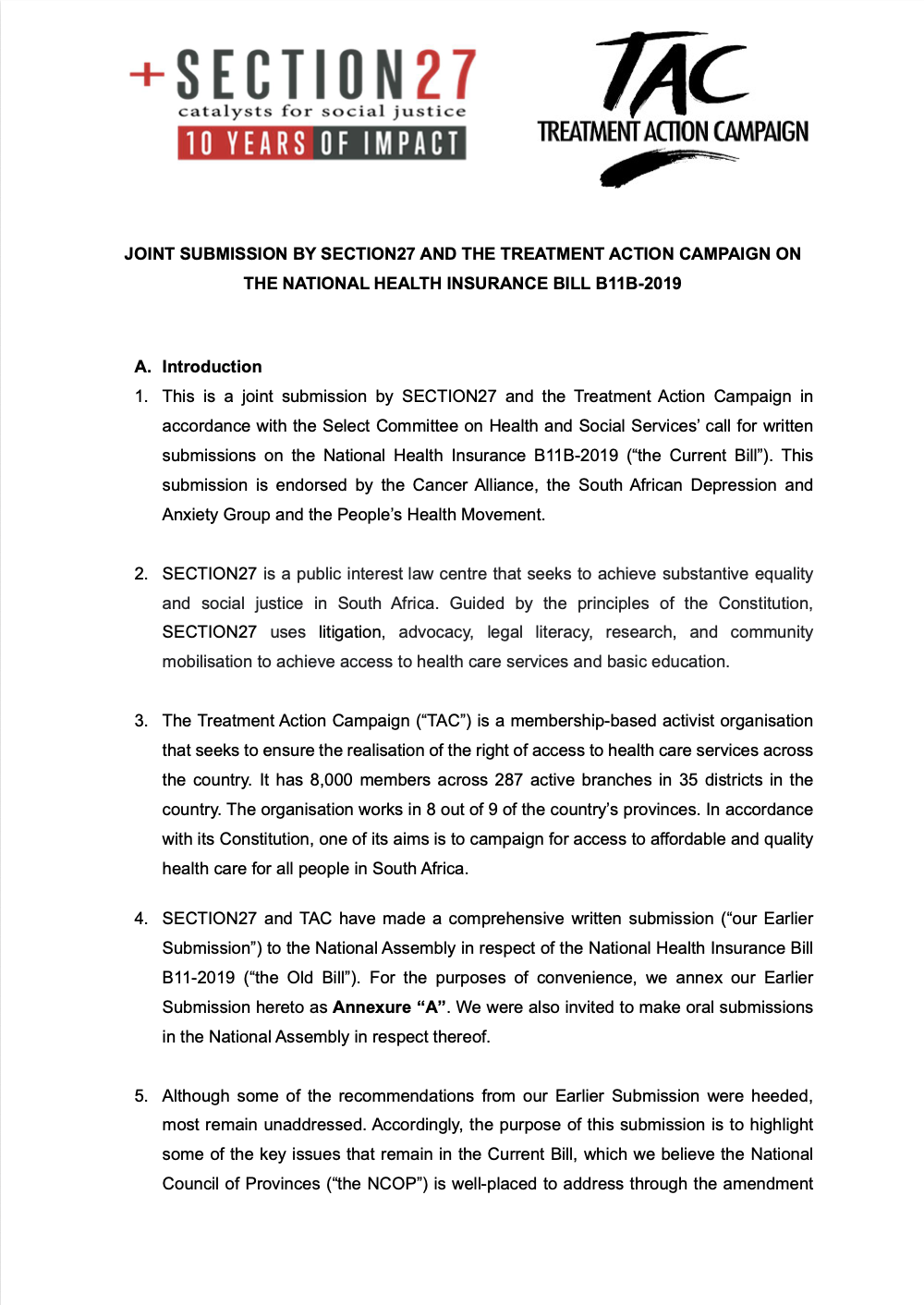 Joint TAC and SECTION27 Submission on NHI Bill (February 2024)