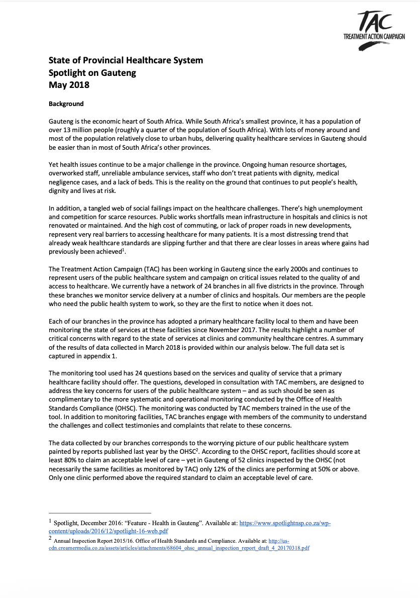 TAC State of Health Report – Gauteng (2018)