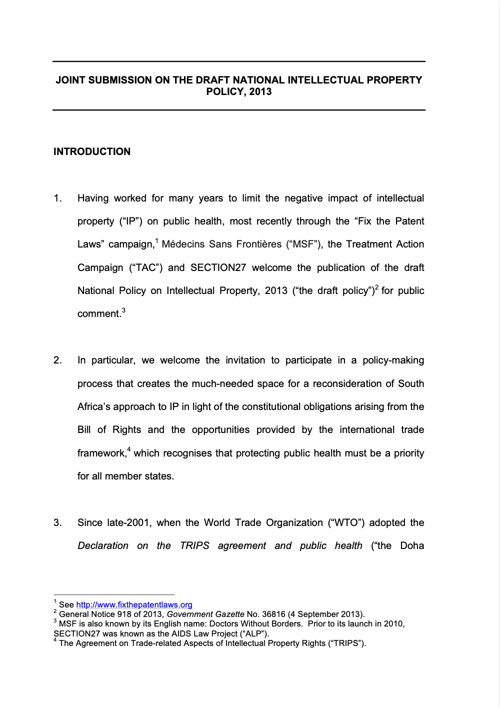 SECTION27, TAC & MSF Joint Submission on Intellectual Property Policy (2013)