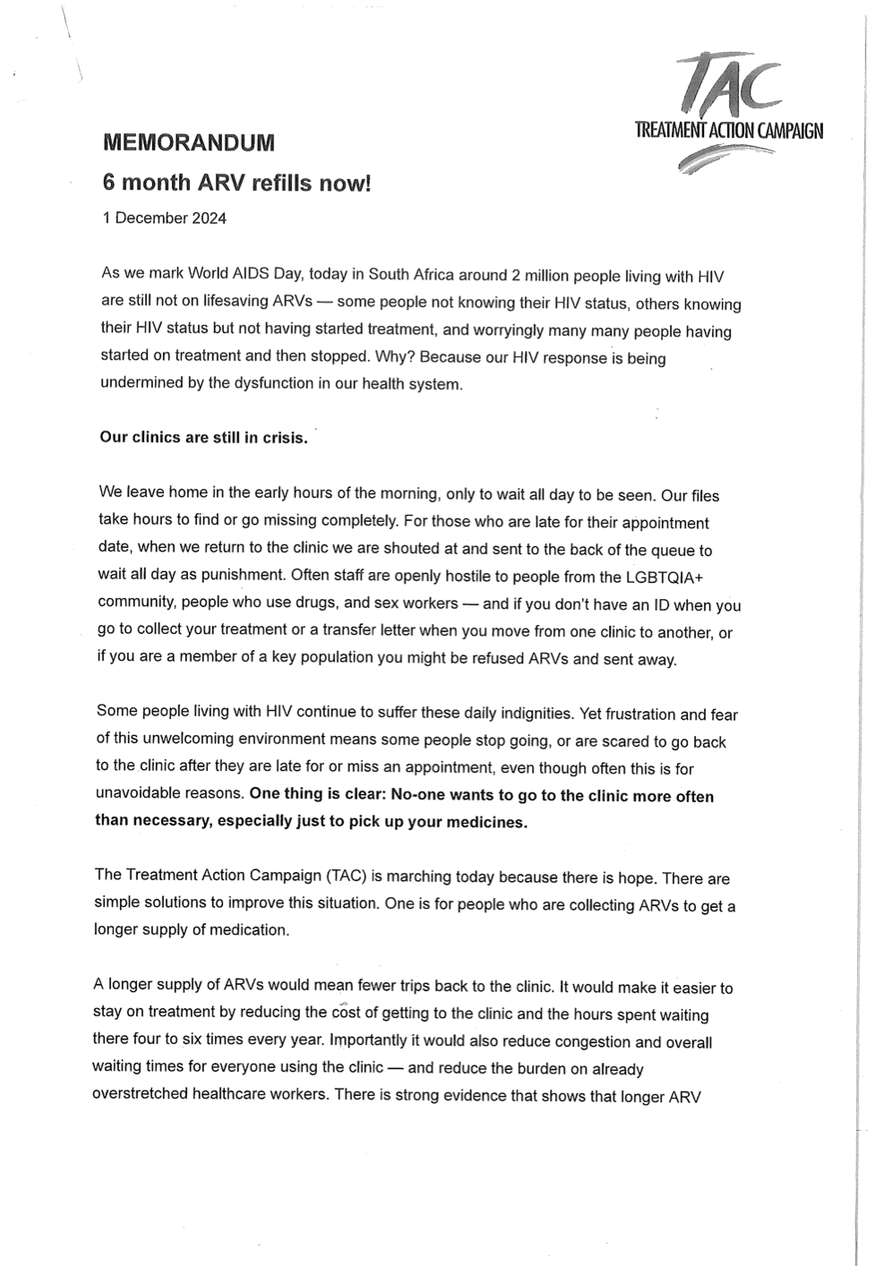 Signed Memorandum from #MoreARVPillsNow March Demanding 6 Month Supply of ARVs (December 2024)