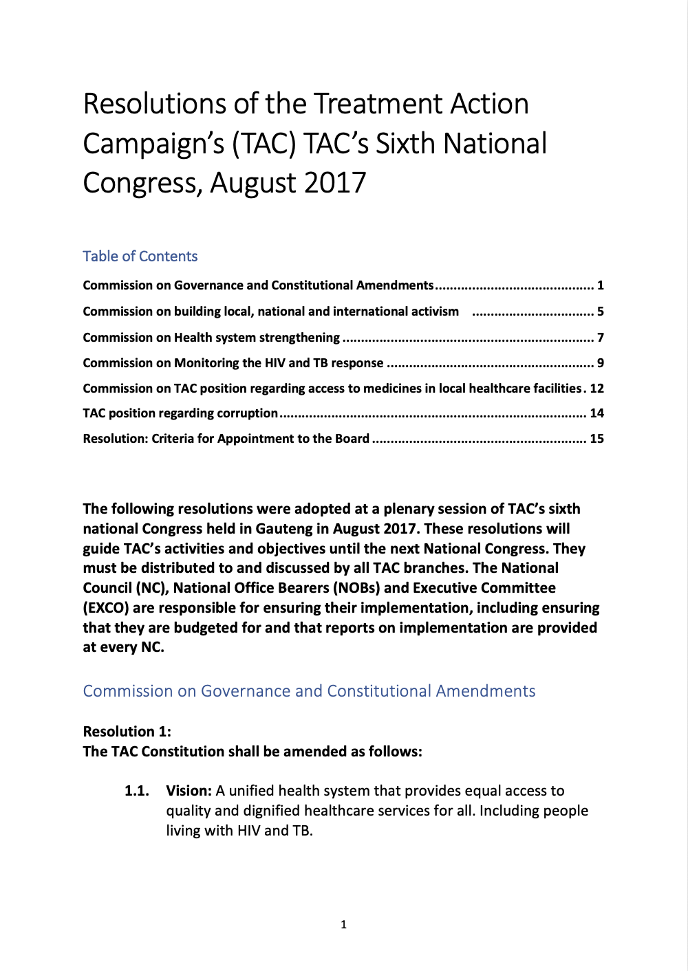 TAC 6th National Congress Resolutions