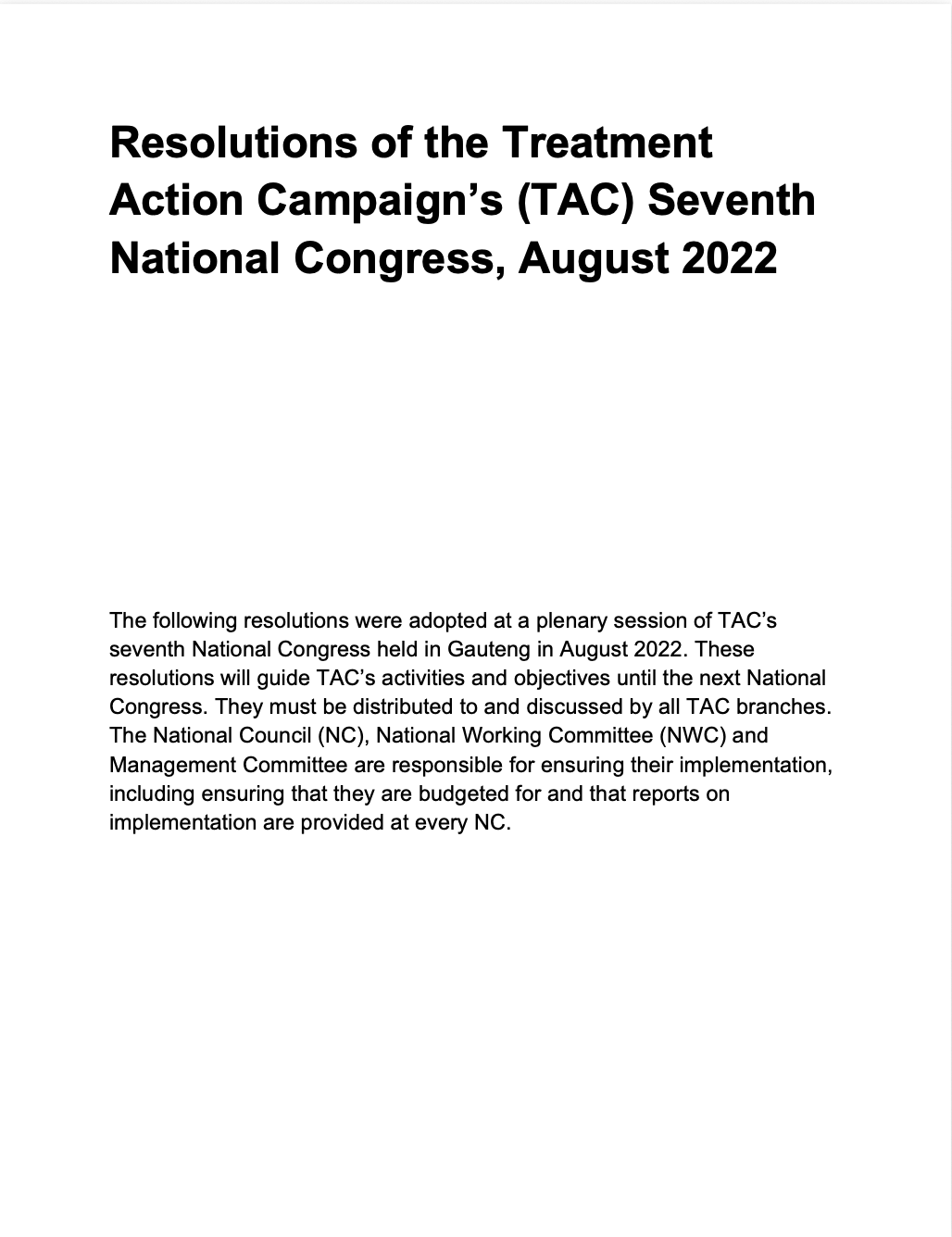 Resolutions of the Treatment Action Campaign’s (TAC) Seventh National Congress, August 2022