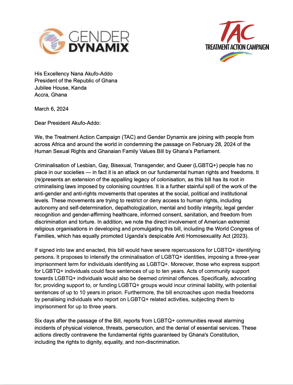 TAC and Gender Dynamix Letter to President of the Republic of Ghana (March 2024)