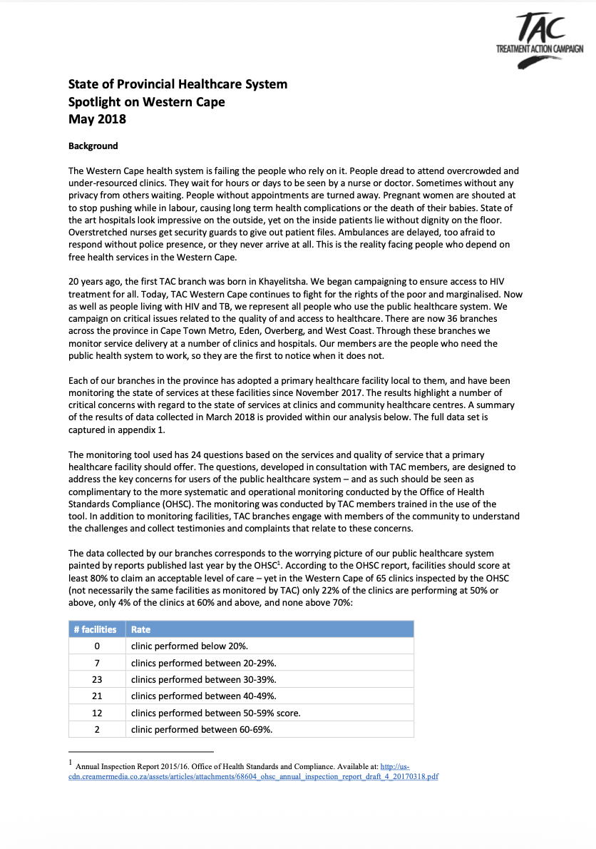 TAC State of Health Report – Western Cape (2018)