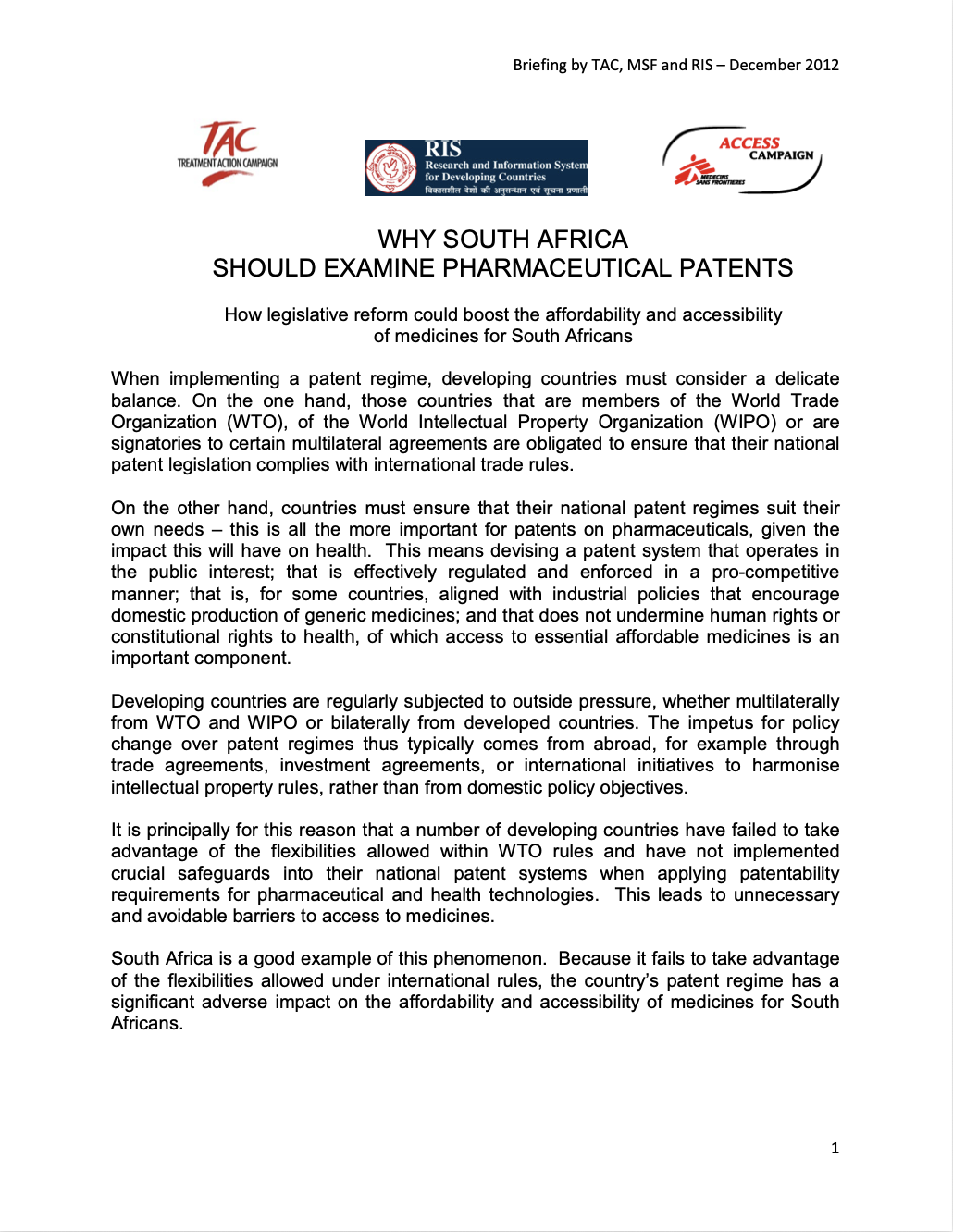 Fix the Patent Laws: Why South Africa Needs An Examination System — TAC, MSF & RIS paper (2012)