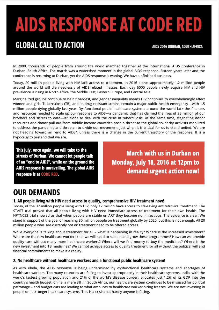 AIDS Response at Code Red – Call to Action (July 2016)