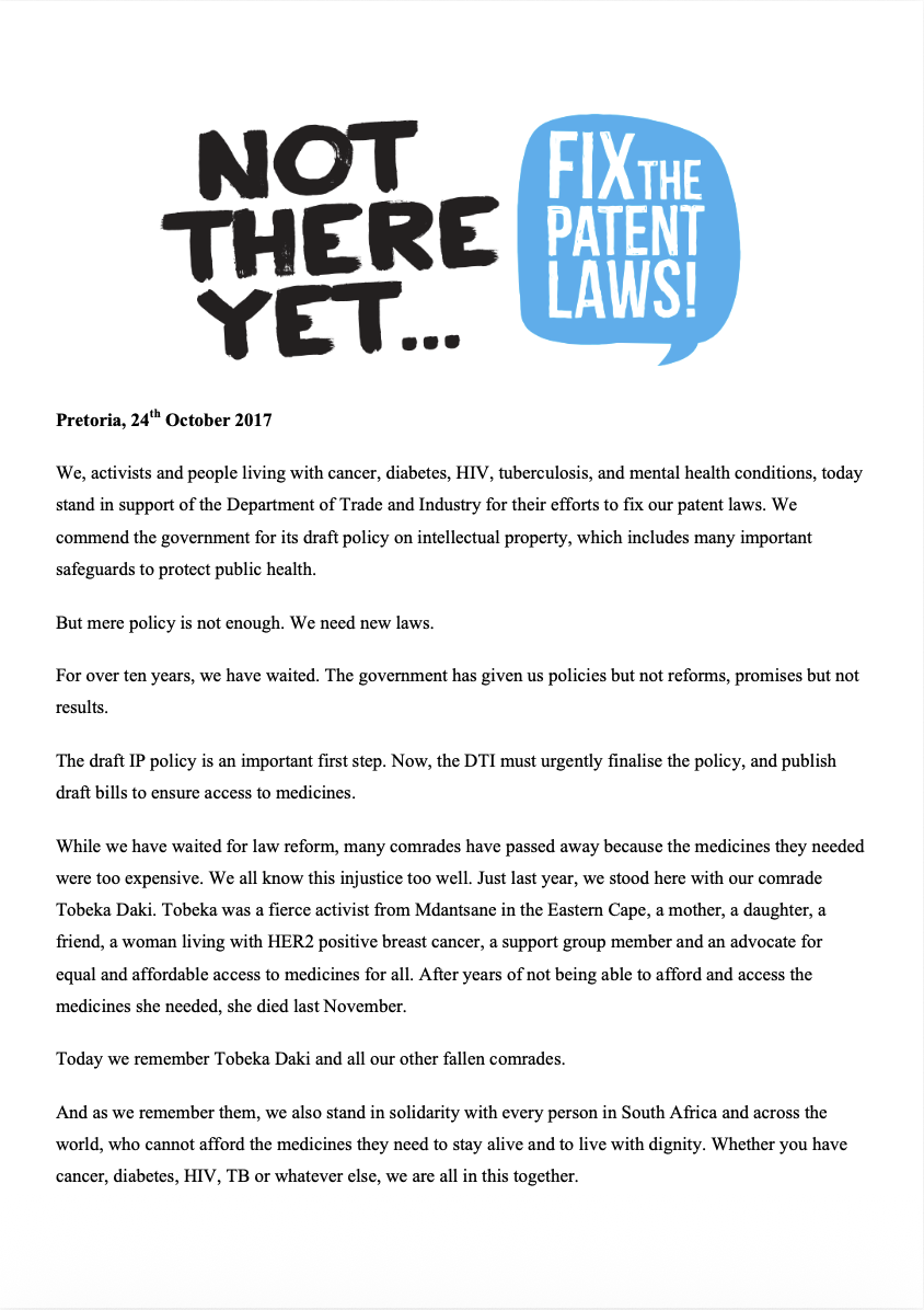 Fix the Patent Laws: March to DTI Memorandum (October 2017)