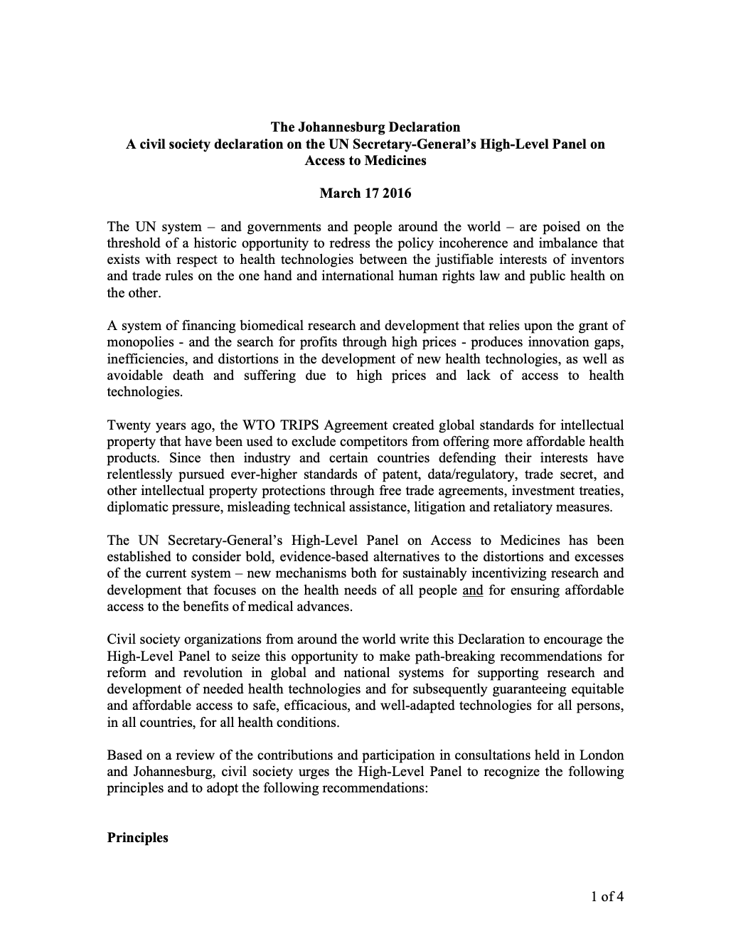 The Johannesburg Declaration on Access to Medicines (March 2016)