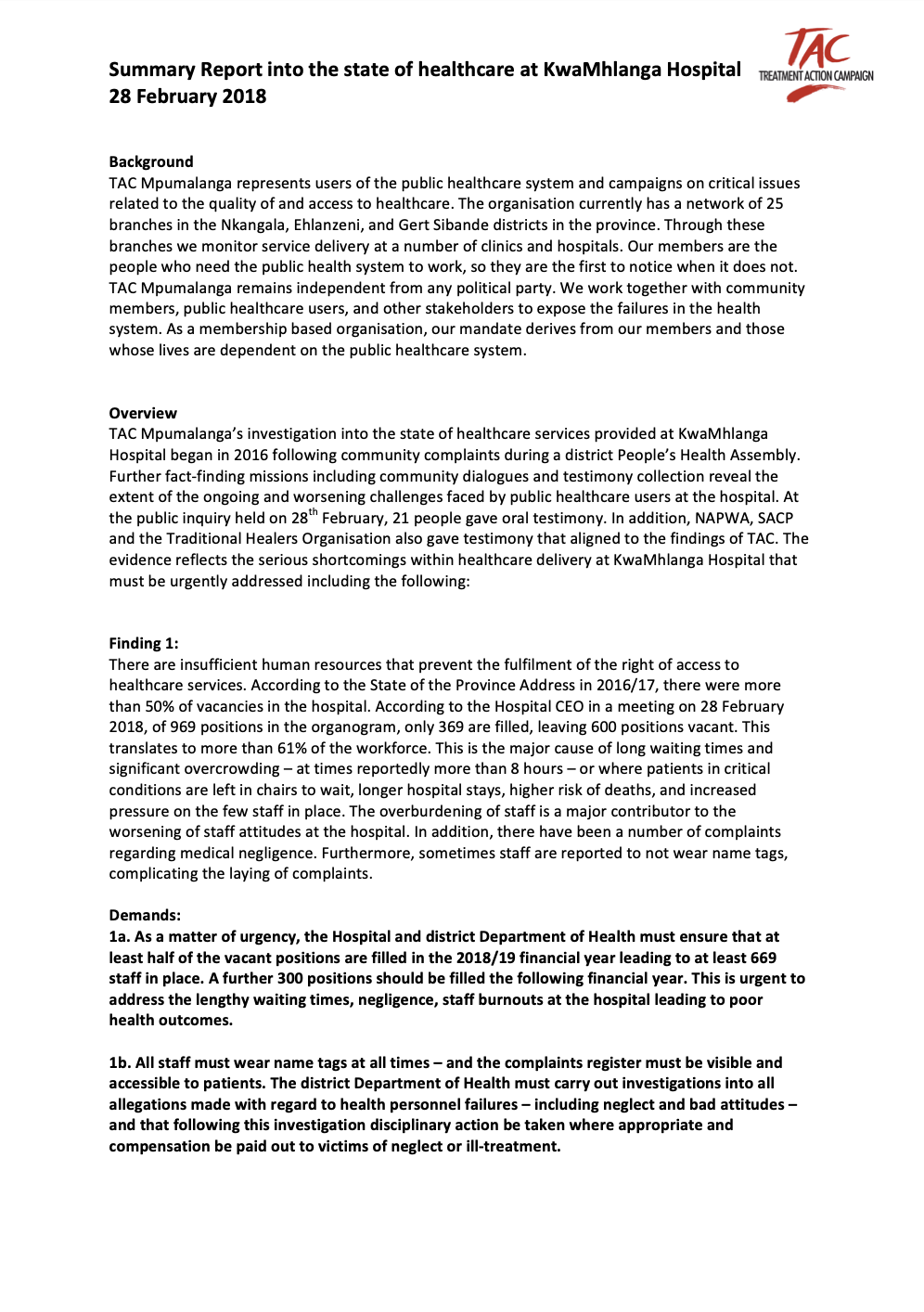 TAC Mpumalanga Report into State of Services at KwaMhlanga Hospital (February 2018)