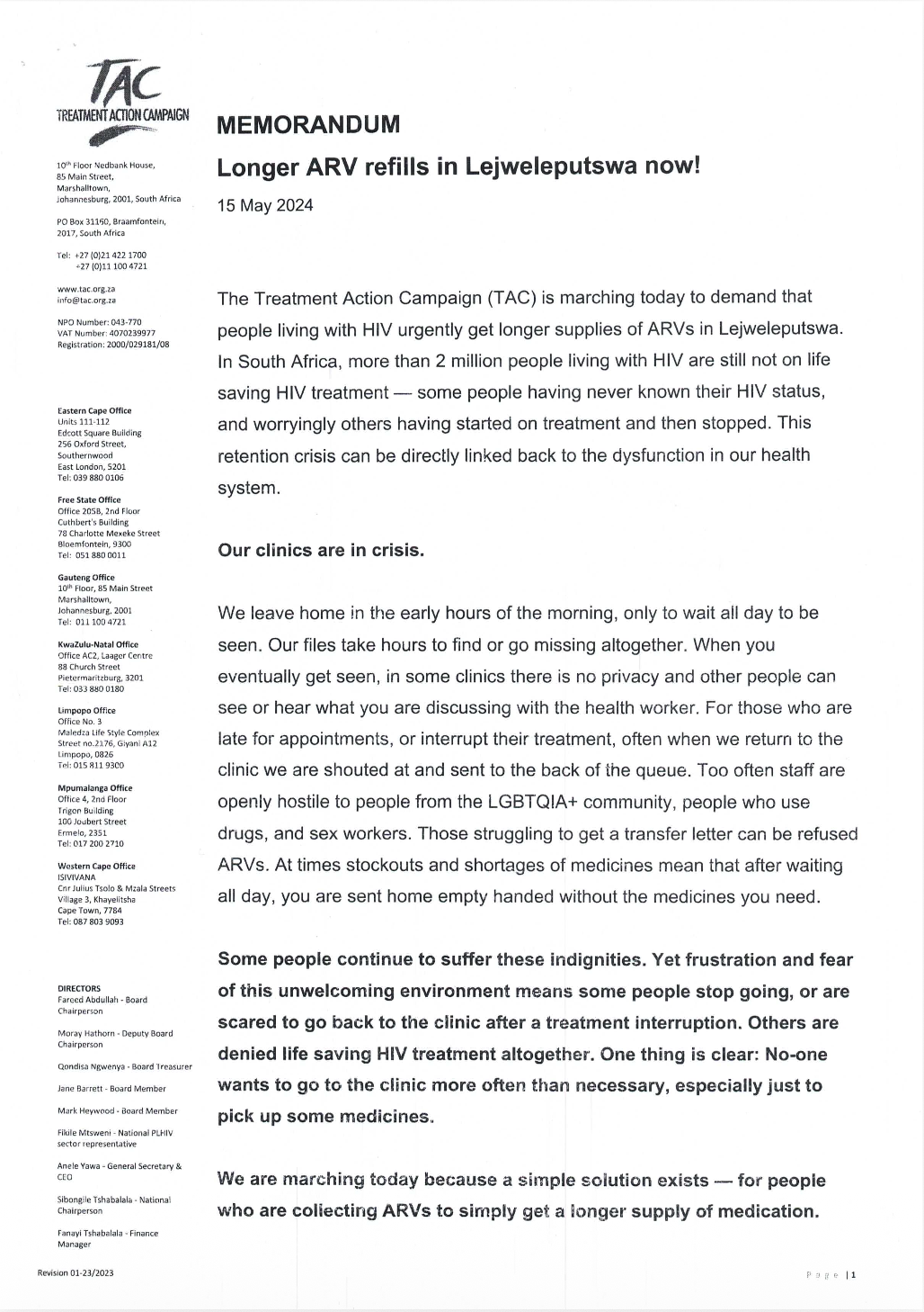 Signed Memorandum from #MoreARVPillsNow March Demanding 3 Month Supply of ARVs in Lejweleputswa (May 2024)