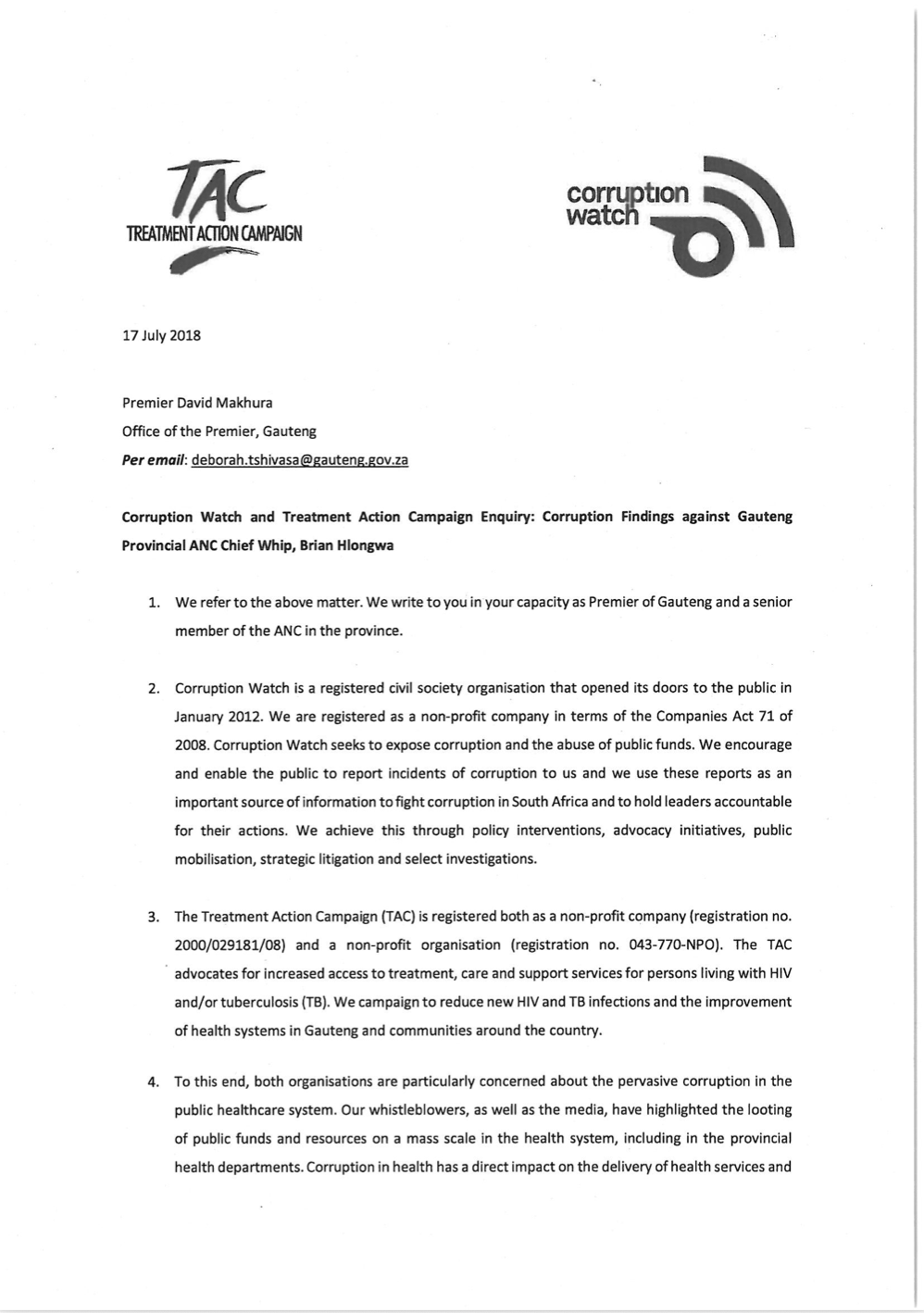 TAC & Corruption Watch Open letter to Gauteng Premier Makhura