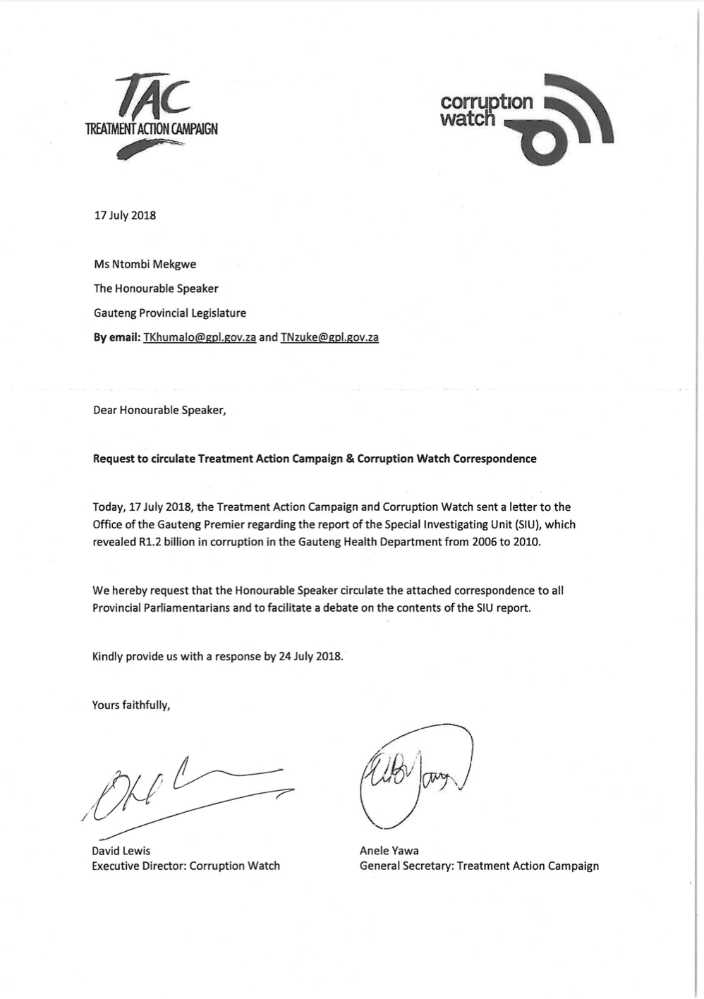 TAC & Corruption Watch Open Letter to Speaker of the Gauteng Legislature