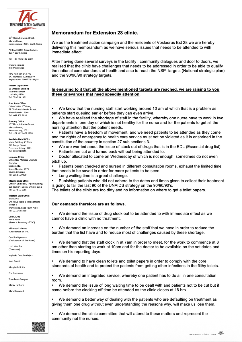 TAC Gauteng Vosloorus Ext 28 Clinic Picket Memorandum (October 2016)