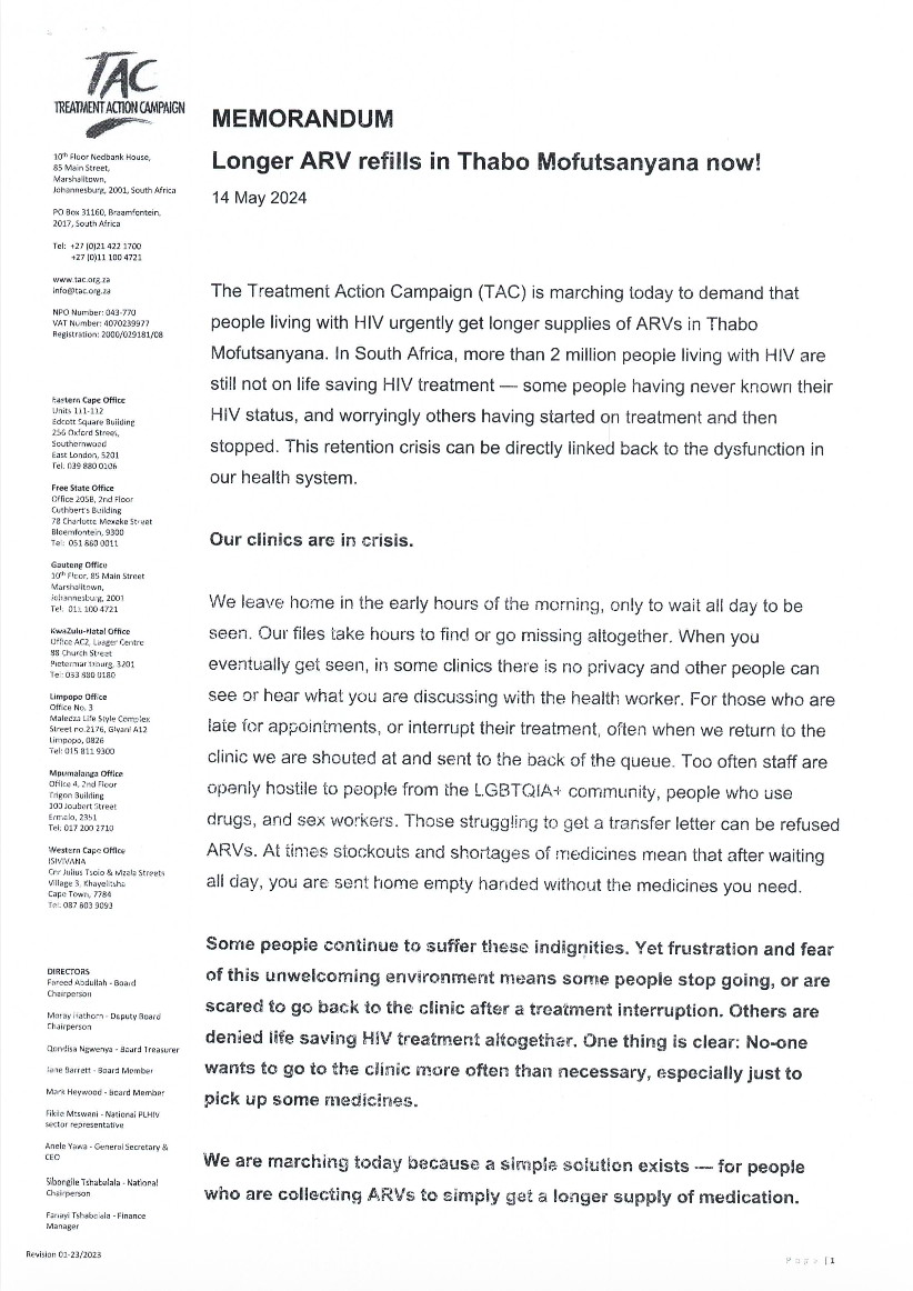 Signed Memorandum from #MoreARVPillsNow March Demanding 3 Month Supply of ARVs in Thabo Mofutsanyana (May 2024)