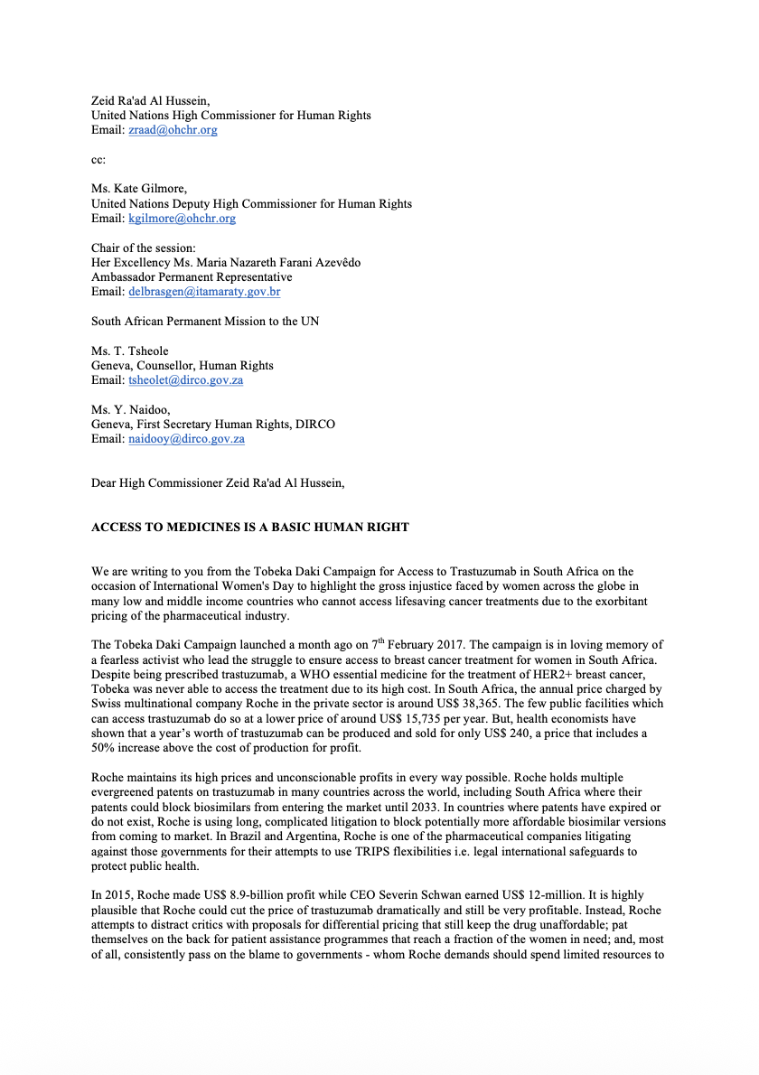 Fix the Patent Laws: Tobeka Daki Campaign Letter to Human Rights Council (March 2017)