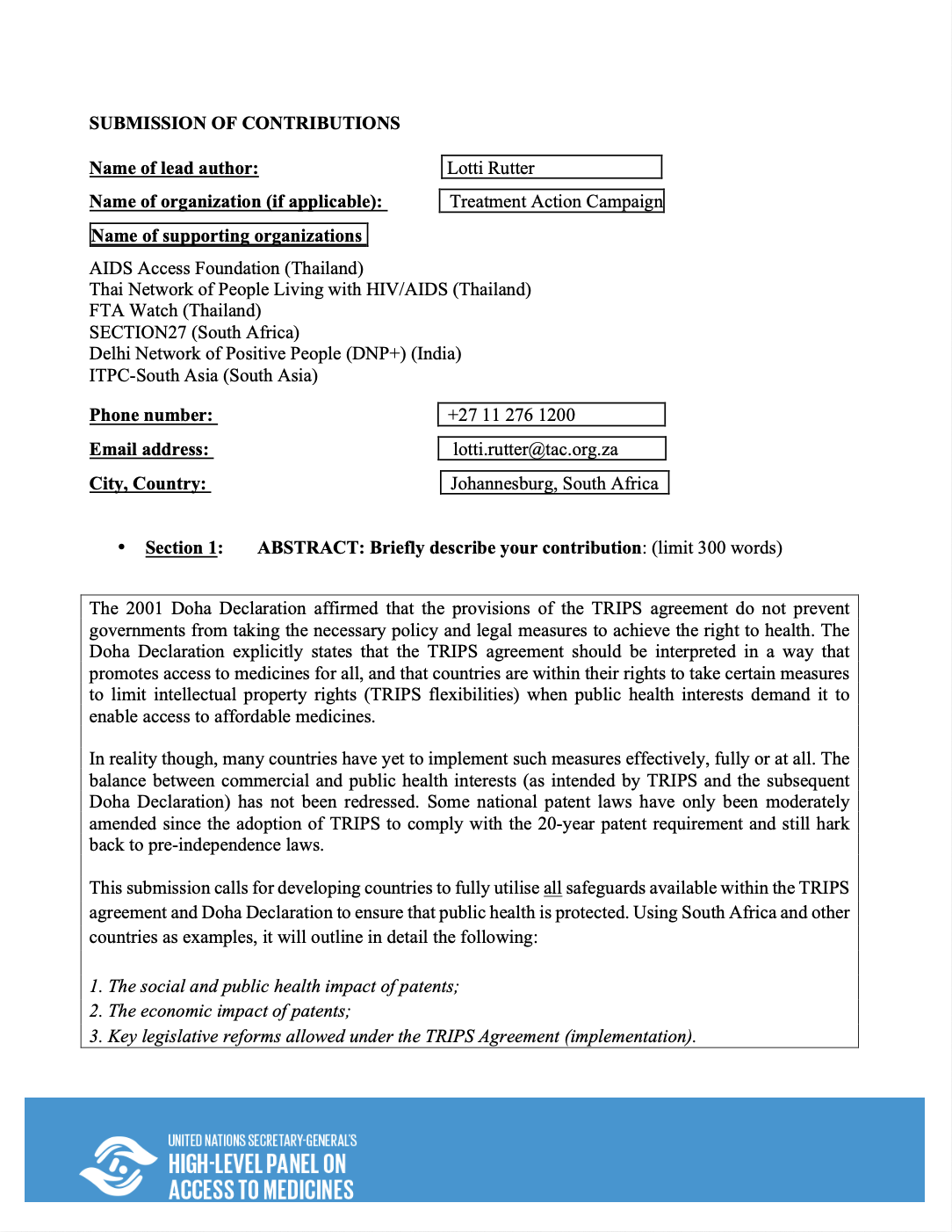 TAC Inputs to United Nations Panel on Access to Medicines (March 2016)
