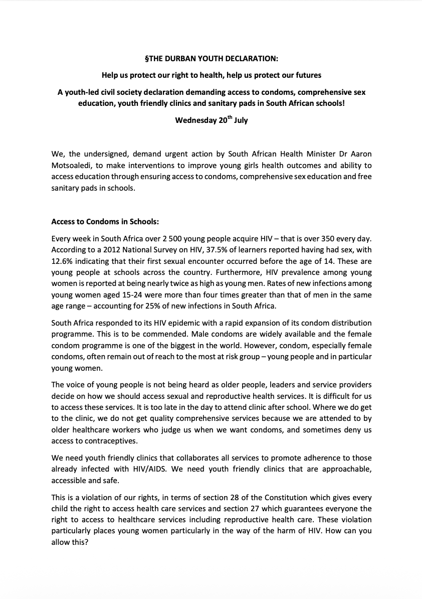 Youth declaration at AIDS2018 demanding condoms in schools